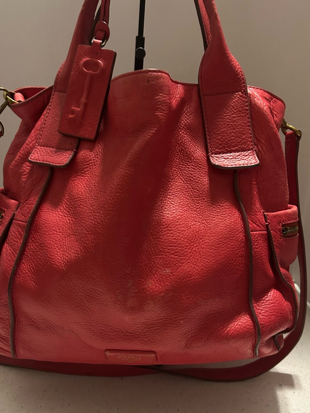 Fossil Red Leather Tote Bag with Removable Strap